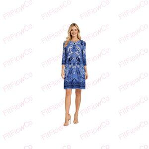 White House Black Market Blue Paisley Sheath Dress 3/4 Sleeve Size XXS EUC